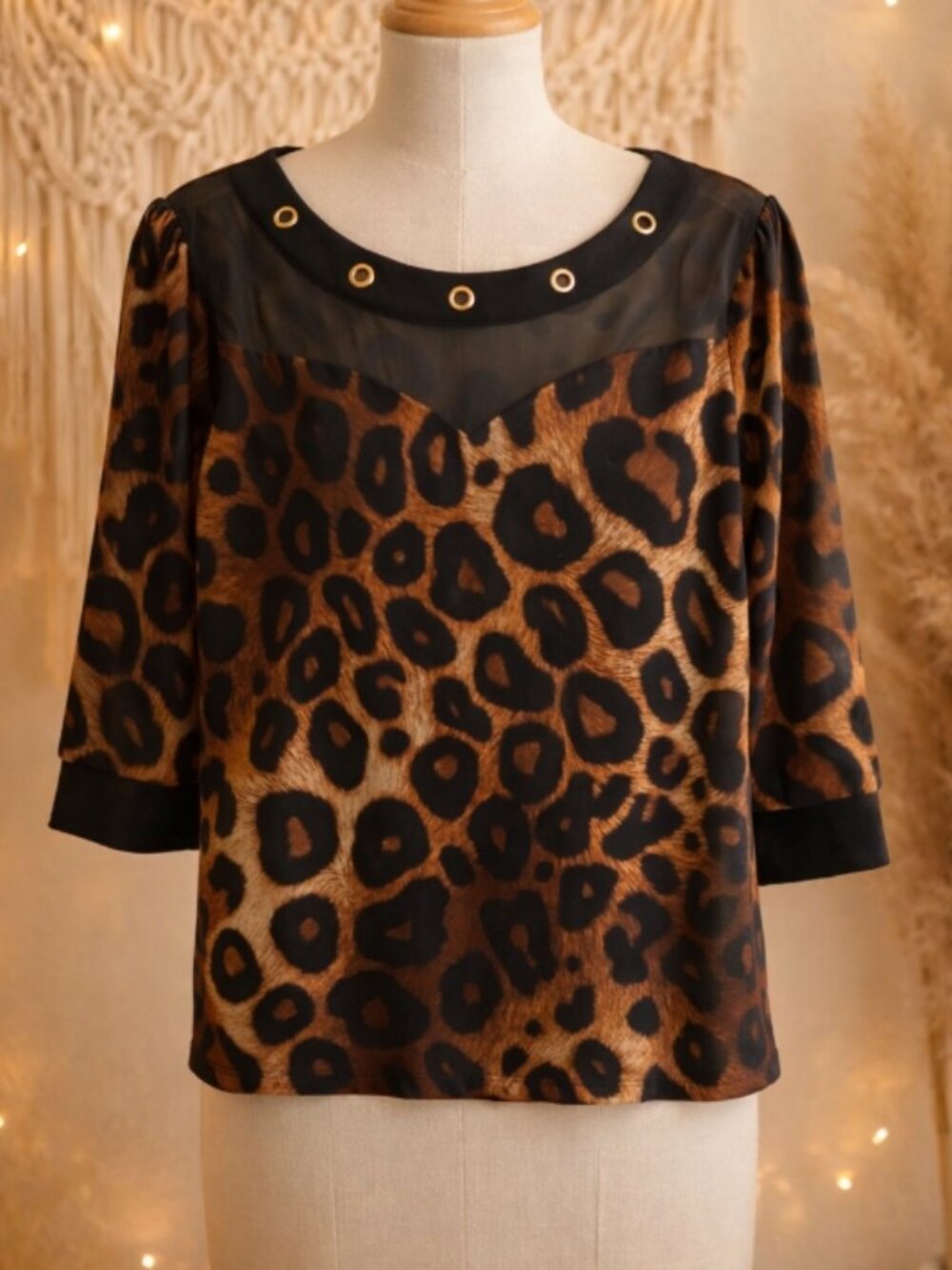 Adele & May Leopard Animal Print Mesh Rivet Top Shirt Blouse M Glam Y2K Mob Wife